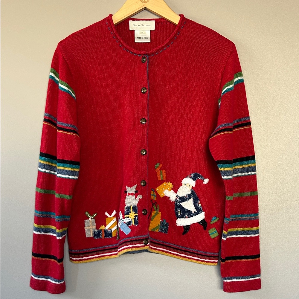 Vintage Susan Bristol Holiday‎ Christmas Cardigan Sweater Size Medium Red Stripe